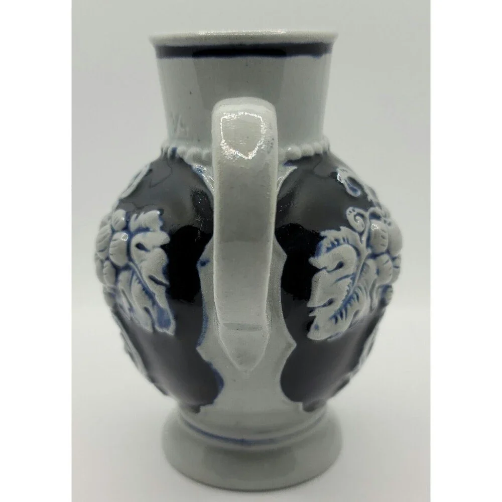 German Small Stoneware Pitcher HandCrafted HandPainted Gray and Cobalt Blue